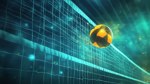 Neon volleyball in motion over digital style net court.