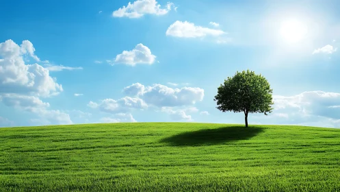Lone tree stands over sunlit green meadow under blue sky.