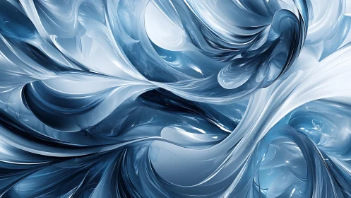 Fluid chrome-blue abstract surfaces form interlocking wavefields