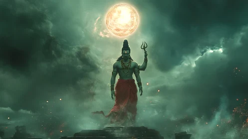 Divine warrior silhouette ascends toward a radiant full moon.