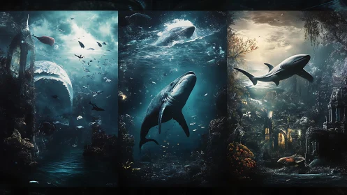 Triptych of sharks in submerged ruins and seascape environments.