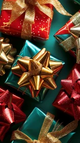 Photorealistic holiday gifts with glitter ribbon accents.