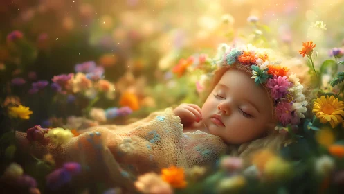 Digital rendering shows infant sleeping in dense flower field