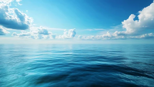 Calm blue ocean horizon under expansive cloud filled sky
