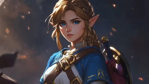 Determined elven warrior gazes ahead amid glowing embers