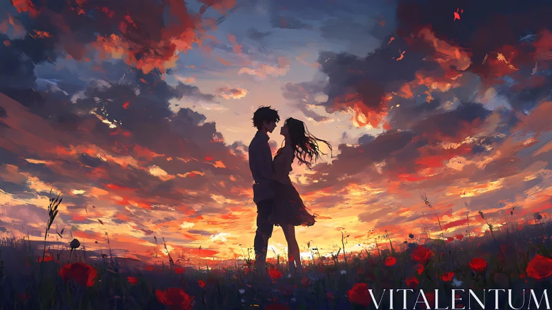 Couple silhouetted against burning sunset sky above wildflower field