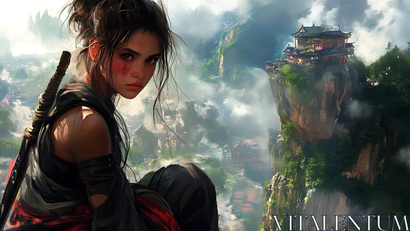 Wounded samurai watches misty mountain fortress in silence