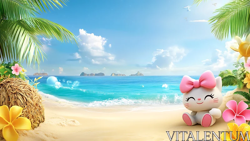 Tropical Paradise Beach with Hello Kitty Character 3D Render.