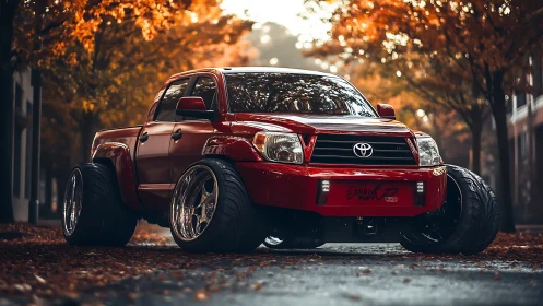 Modified red pickup truck dominates autumn streetscape scene