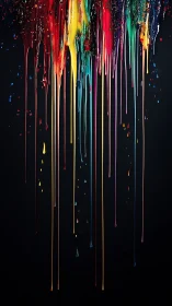 Chromatic drips cascading on deep black canvas surface.