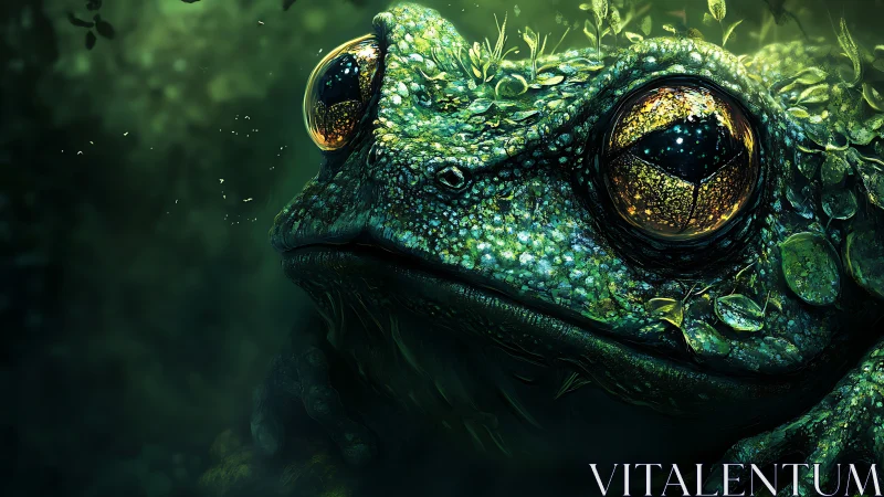 Enchanted forest frog with glowing golden starlit eyes.