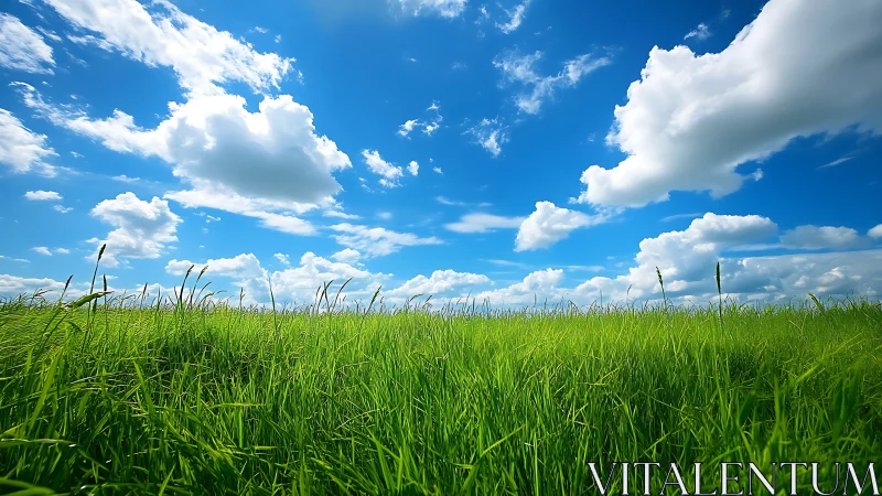 Summer grassland stretches under deep blue clouded sky.