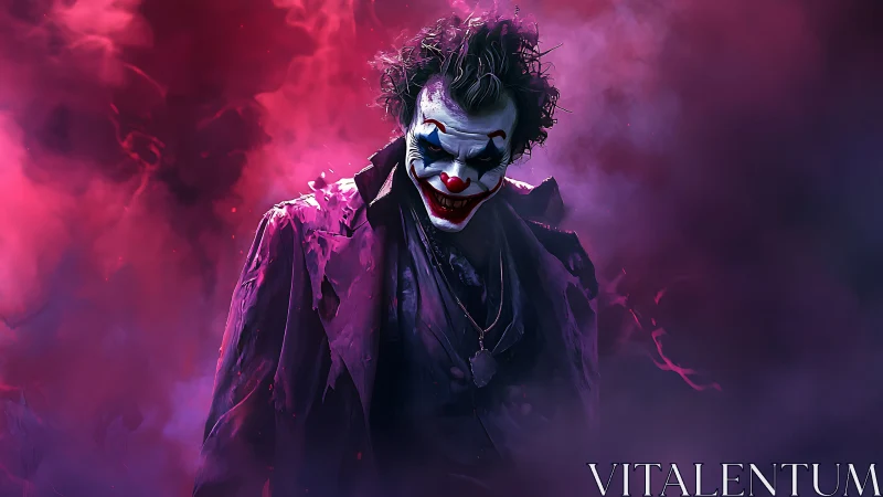 Sinister clown figure in purple smoke-filled atmosphere.