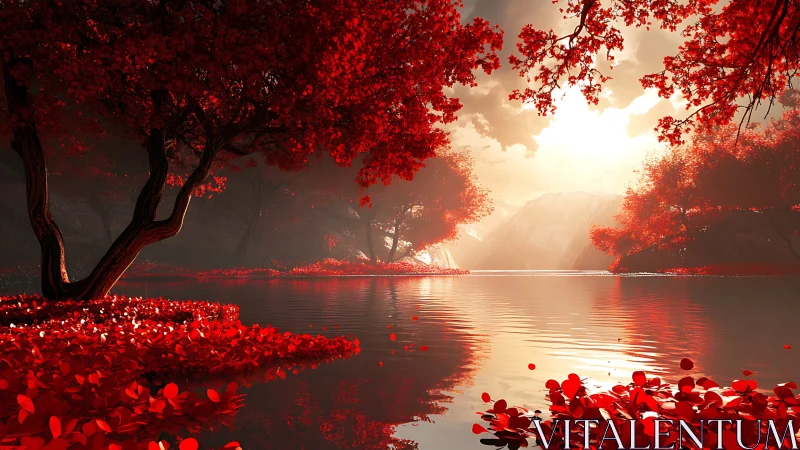 Crimson grove mirrored on tranquil lake at radiant sunset.