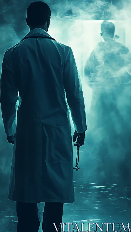 Doctor silhouette in teal misted corridor holding stethoscope.