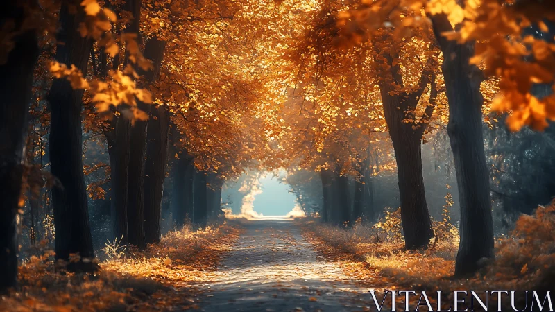 Sunlit autumn lane inviting you into a golden forest day.