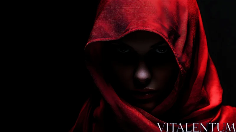 Dramatic low key portrait isolates hooded face in saturated red cloth