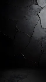 Cracked black concrete wall catches side light and shadow