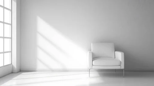 White armchair in sparse interior with window light shadows.