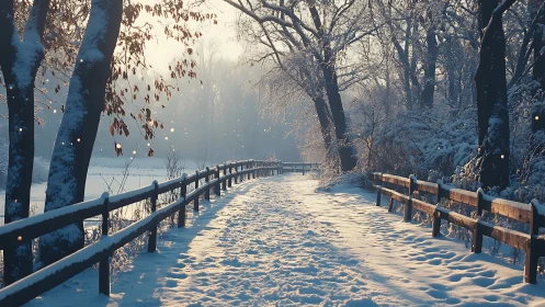 Snow-laden woodland path with low-angle winter illumination.