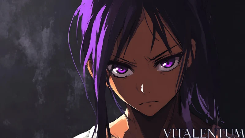 Intense anime girl with glowing violet eyes in shadowed light.
