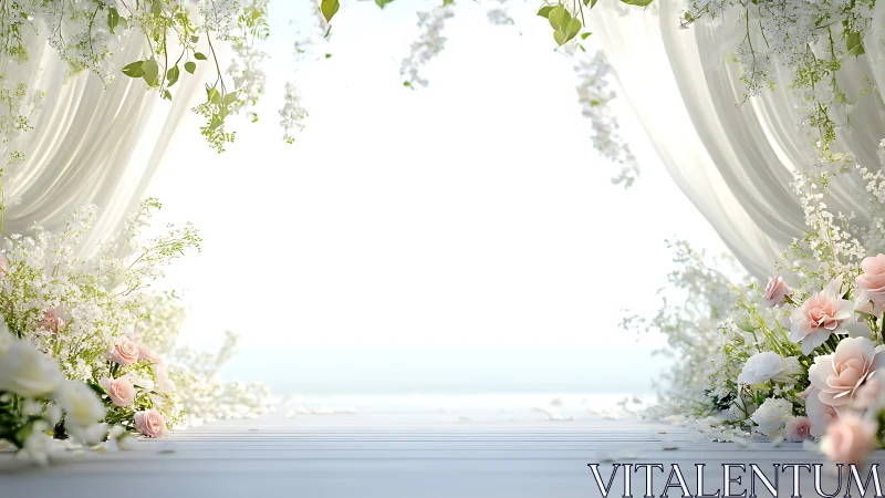 Seaside wedding arch frames ethereal white floral composition