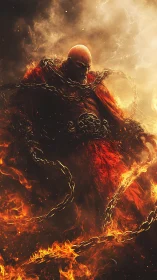 Armored infernal warden emerges amid chained fire vortex