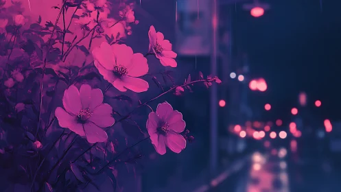 Pink roadside flowers against blurred rainy night city lights.