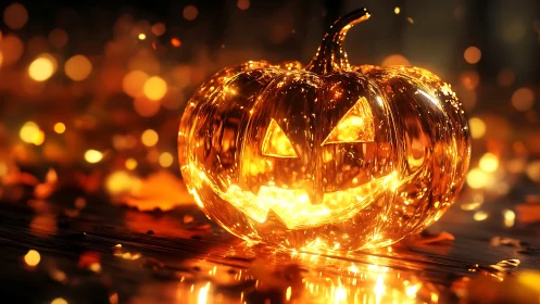 Gleaming glass jack o&rsquo;lantern grinning in molten starlight.