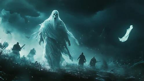 Giant spectral figure leads ghostly warriors through mist
