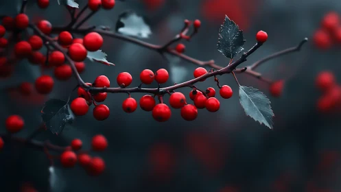 Vibrant red berries on branch in moody, soft-focus photography.