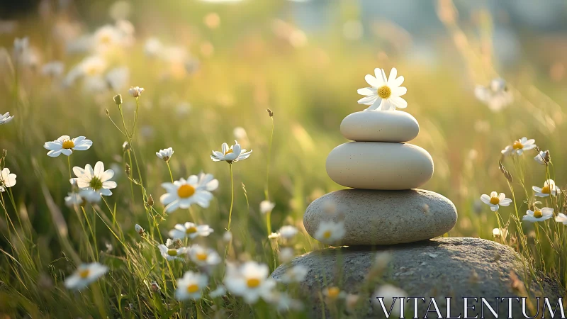 Gentle stone stack with daisies glowing in soft evening light.