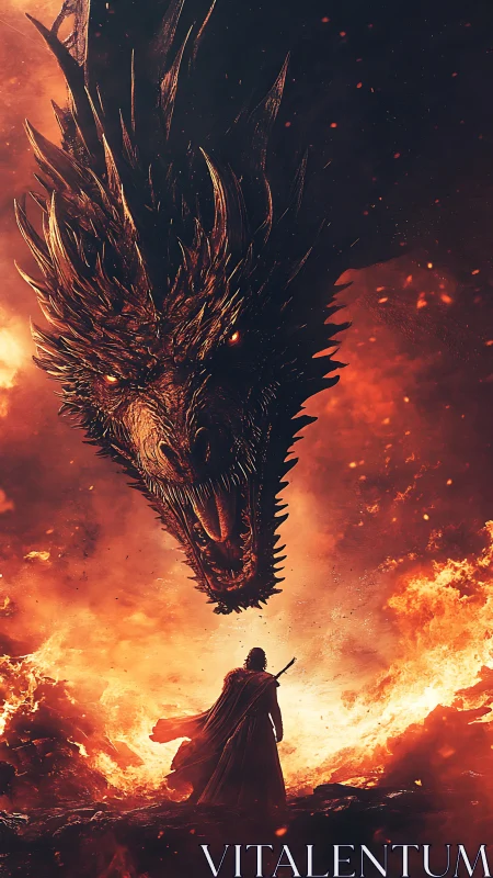 Dragonfire duel above a lone warrior on a burning horizon.