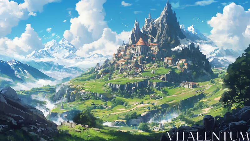 Expansive alpine fantasy citadel on terraced green mountainscape