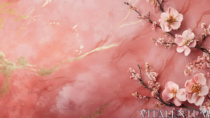 Blush marble backdrop with blooming cherry blossoms and gold accents.