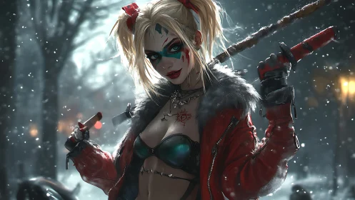 Woman in red jacket with bat in snowy urban night scene.