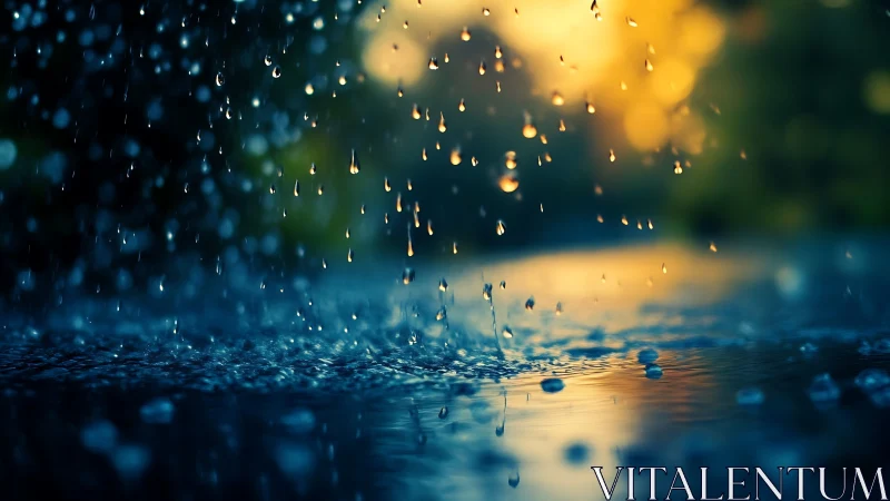 Rainlit droplets dance on a twilight street of liquid blue.