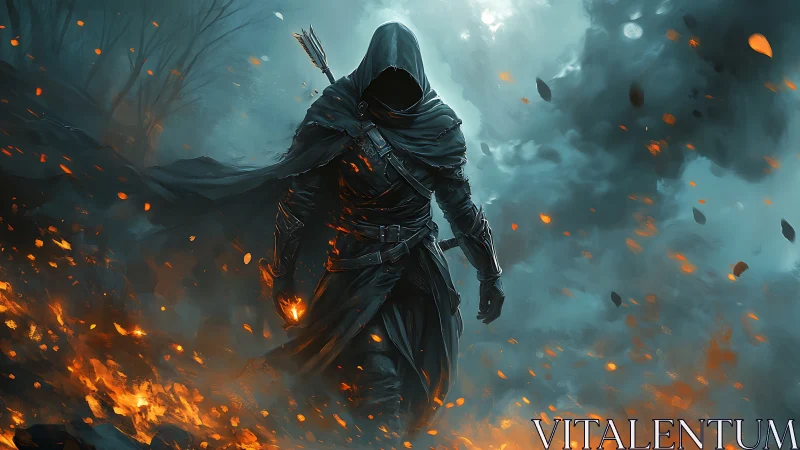 Shadowed wanderer crossing embers and stormlit smoke.