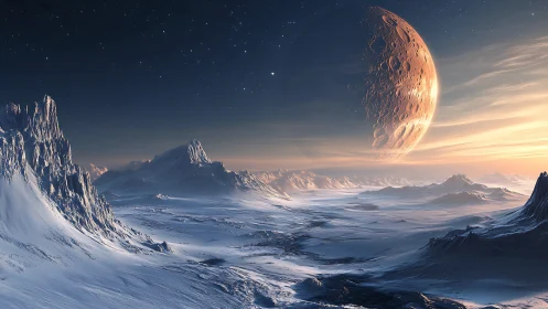 Digital painting of frozen alien valley under colossal moon.