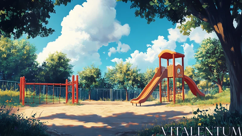 Playground stands empty under bright midday summer sky