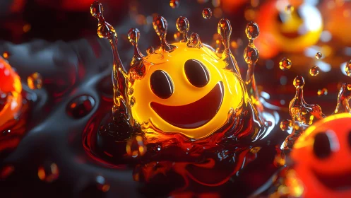 Vibrant 3D Smiley Face Splashing in Liquid, Digital Art Style.