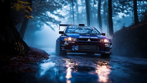 Rally car cuts through foggy forest road with cinematic lighting