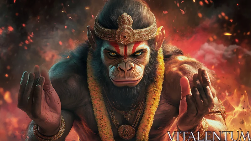 Divine warrior monkey amid firestorm, digital mythic portrait.