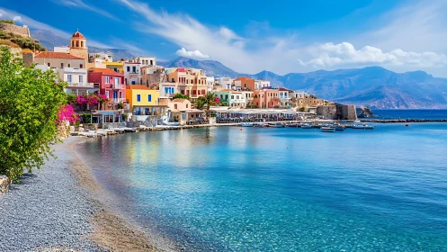 Coastal Mediterranean village with harbor and colorful houses.