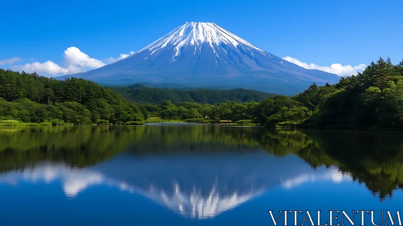 Snow-capped mountain reflected clearly in calm blue lake