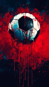 Digital painting of dripping soccer ball in blood-red abstraction.
