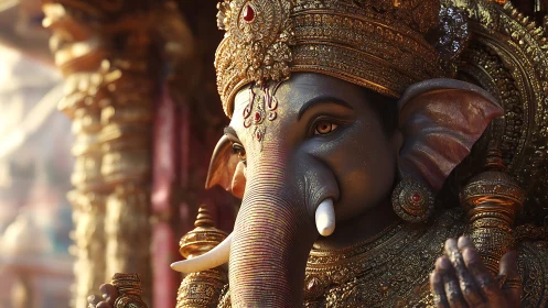 Detailed elephant-headed deity statue with ornate gold adornment.