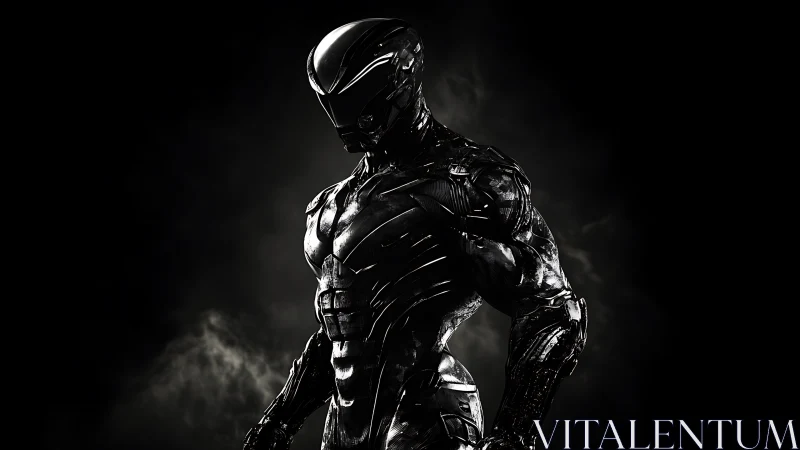 High-contrast cybernetic exosuit with reflective black armor surfaces