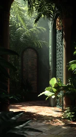 Sunlit courtyard archway with lush overgrown foliage.