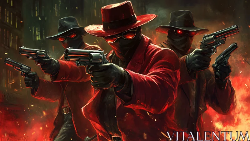 Crimson gunmen in fedoras advance through blazing cityscape.